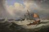 Sailing vessels in stormy seas off the coastline
