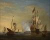 Harbor Scene: An English Ship with Sails Loosened Firing a Gun