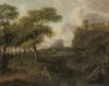 An Italianate landscape with travellers on a track
