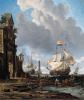 Dutch Warships in a Harbour in a stiff Breeze with Merchants and Gentlemen on a Quay, a rowing boat departing nearby