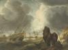 Shipping in stormy waters near a rocky coast